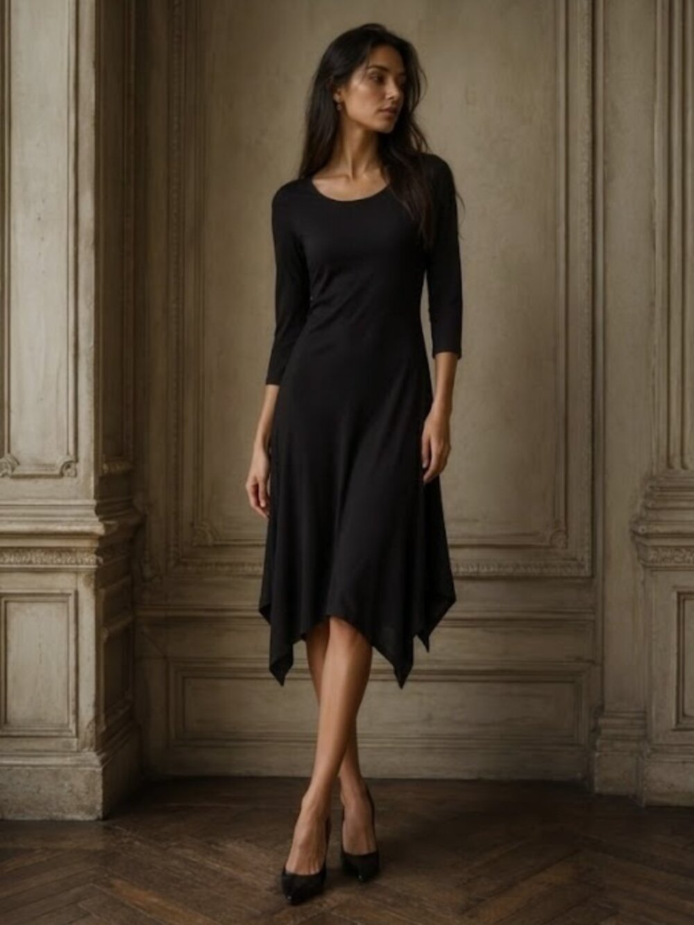 Eileen Fisher Jersey Handkerchief Shark Bite Hem Black Stretchy Dress Medium